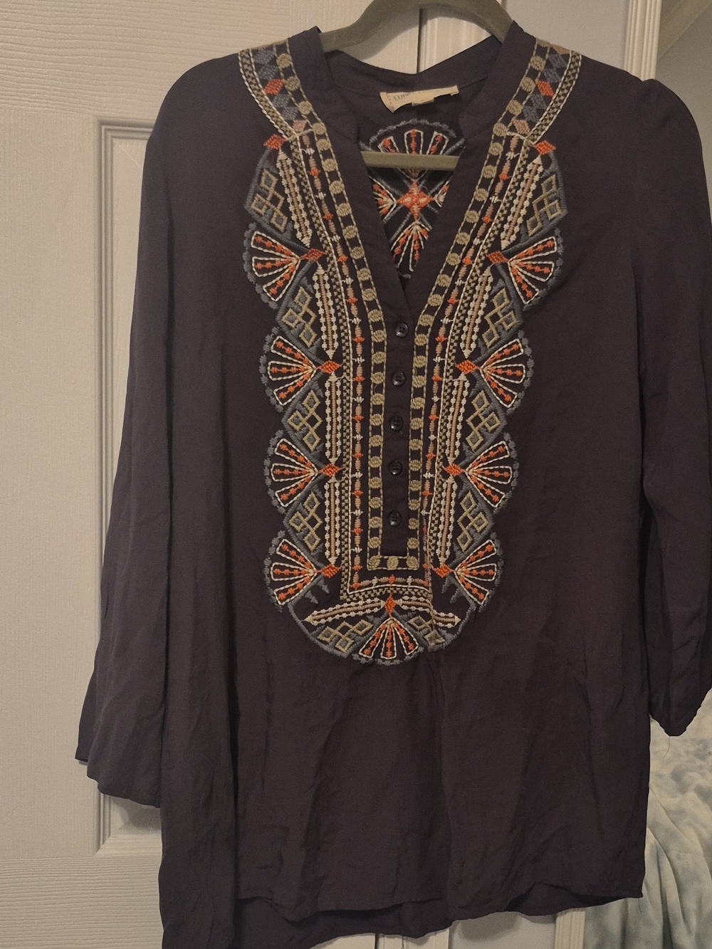 Embroidered V-Neck Tunic Top - Navy with Orange & Cream Detail